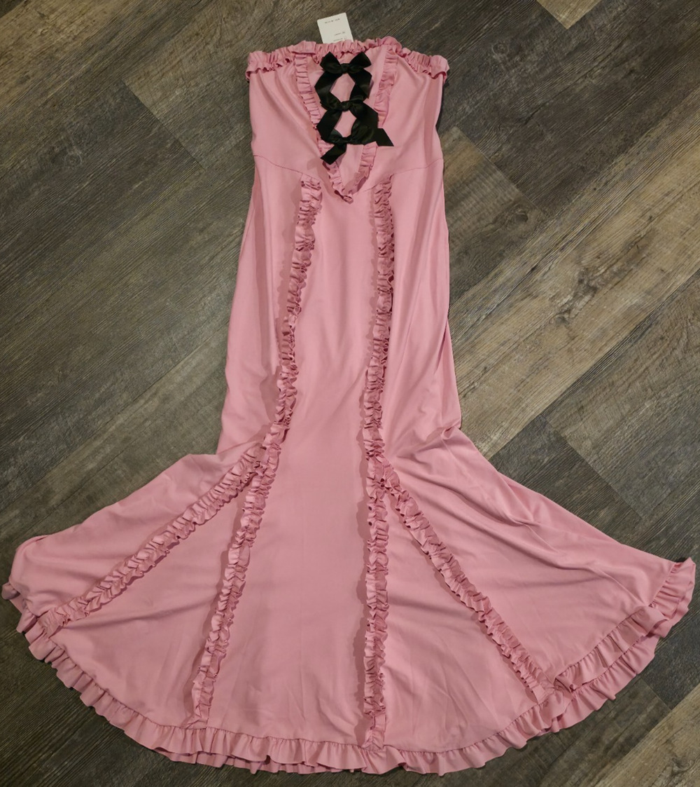 Zesica Dress Womens S Pink Strapless Maxi Ruffle Black Bow Coquette NWT